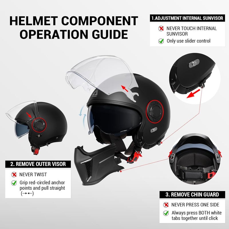 triangle Full Face Motorcycle Helmets,Off-Road Motocross Helmet for Men & Women,Dual Visor with Internal Tinted Sunshield,Open Face 3/4 Adult Racing Helmet DOT Approved(Black,S) - Image 5